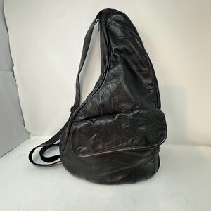 Vintage 90s Black Patchwork Leather Sling Backpack Crossbody Teardrop Bag